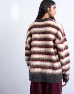 Model wearing Knitted fluffy stripe jumper in neutral and burgundy