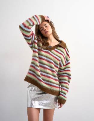 Knitted fluffy stripe polo jumper in multi