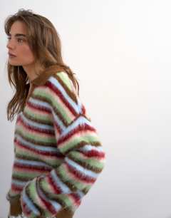 Model wearing Knitted fluffy stripe polo jumper in multi