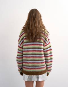 Model wearing Knitted fluffy stripe polo jumper in multi