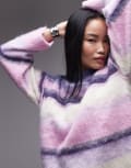 [Topshop] Topshop knitted fluffy stripe relaxed jumper in purple stripe M PURPLE