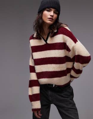 knitted fluffy stripe relaxed polo in burgundy and ecru-Red