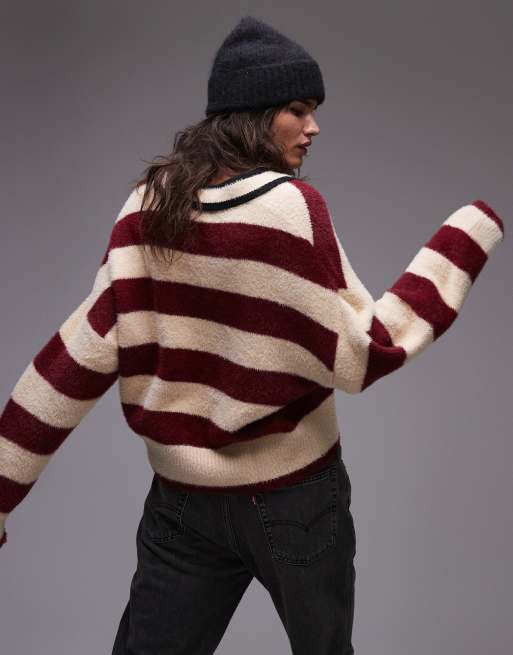 Topshop knitted fluffy stripe relaxed polo in burgundy and ecru, 2 of 4