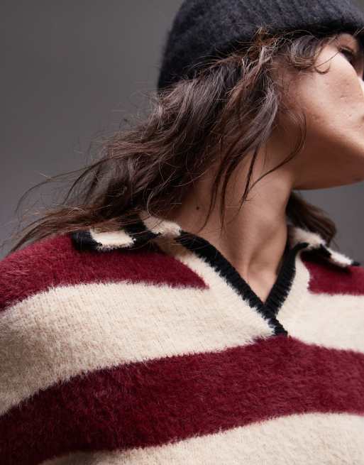Topshop knitted fluffy stripe relaxed polo in burgundy and ecru, 3 of 4