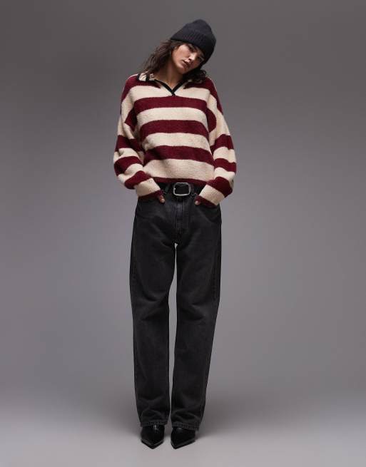 Topshop knitted fluffy stripe relaxed polo in burgundy and ecru, 4 of 4