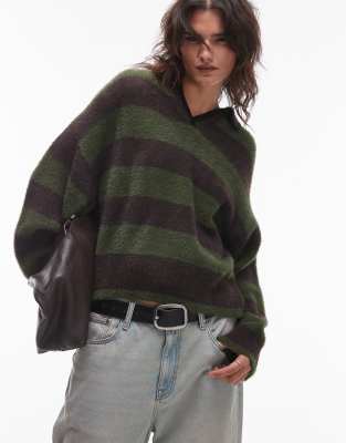 knitted fluffy stripe relaxed polo in gray and green-Multi