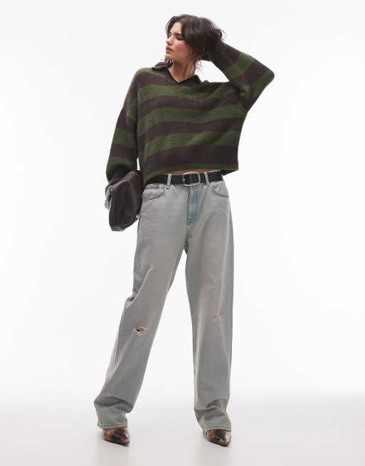 Topshop knitted fluffy stripe relaxed polo in grey and green, 3 of 4