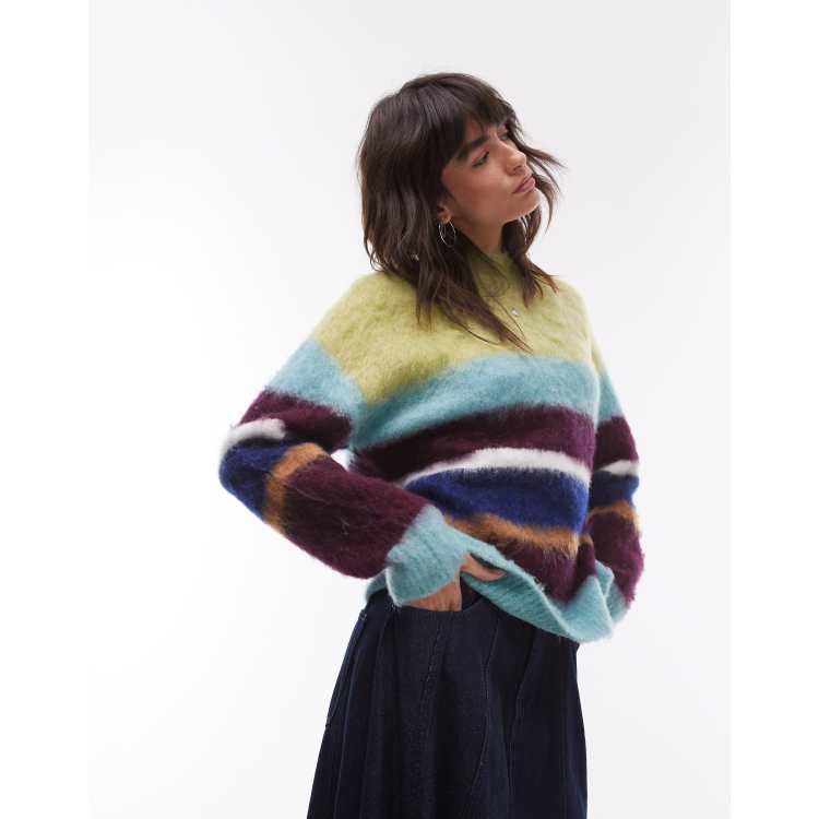 Topshop knitted fluffy stripe relaxed sweater in multi