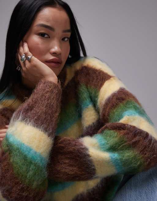 Topshop knitted fluffy stripe relaxed sweater in multi | ASOS