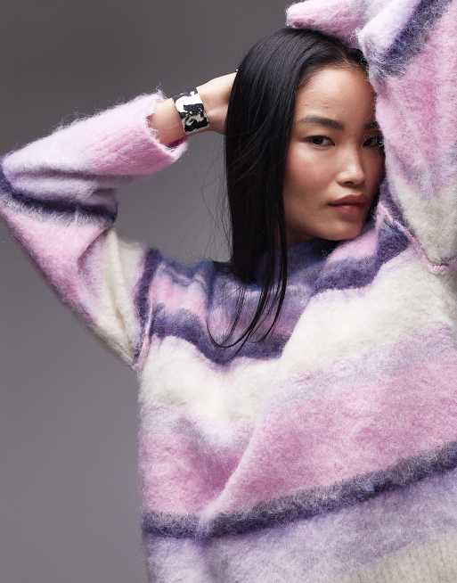 Topshop knitted fluffy stripe relaxed sweater in purple stripe