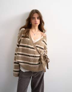 Knitted fluffy stripe wrap tie cardigan in neutral