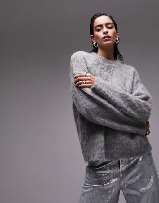 Topshop knitted fluffy sweater in gray