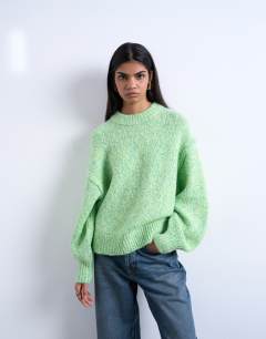 Model wearing Knitted fluffy twist yarn jumper in green