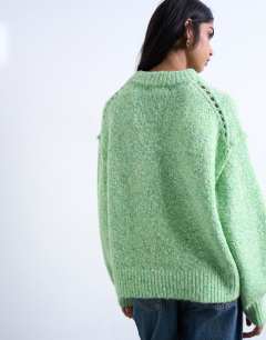 Model wearing Knitted fluffy twist yarn jumper in green
