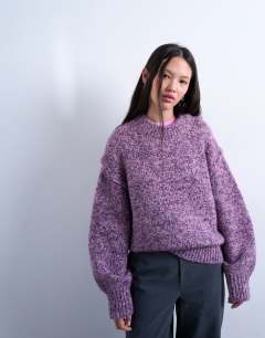Model wearing Knitted fluffy twist yarn jumper in purple