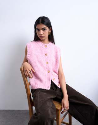 Topshop Knitted Fluffy Twist Yarn Waistcoat In Pink
