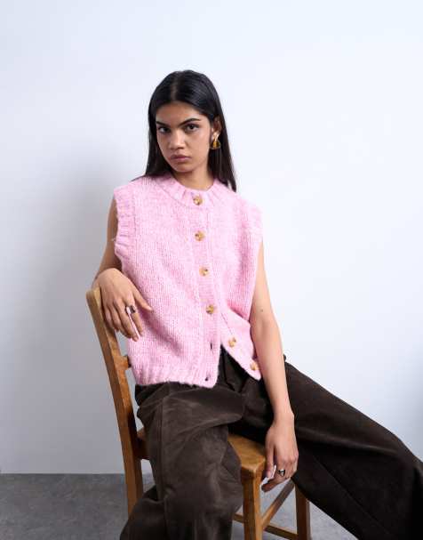 Topshop knitted fluffy twist yarn waistcoat in pink