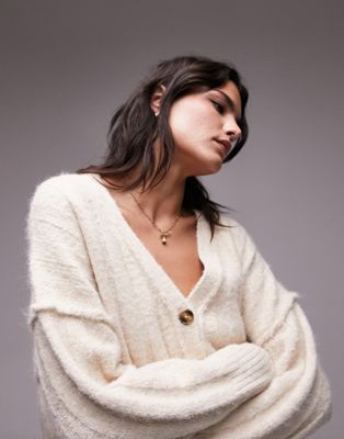 Topshop knitted fluffy v-neck cardigan in ivory