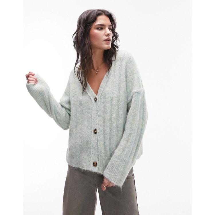 Topshop knitted fluffy v-neck cardigan in light green | ASOS