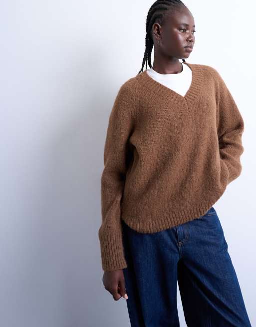 Topshop knitted fluffy v neck jumper in brown