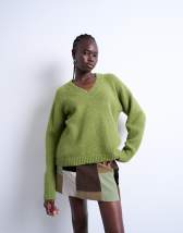 Topshop knitted fluffy v neck jumper in green
