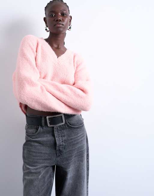 Topshop knitted fluffy v neck jumper in pink