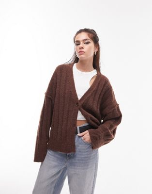 Topshop knitted fluffy v-neck wide rib cardigan in brown