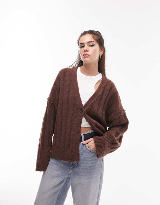 Topshop knitted fluffy v-neck wide rib cardigan in brown | ASOS