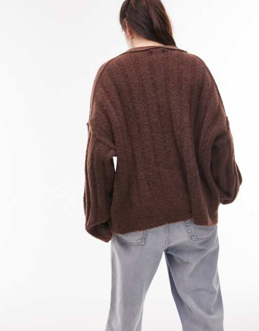 Topshop knitted fluffy v-neck wide rib cardigan in brown