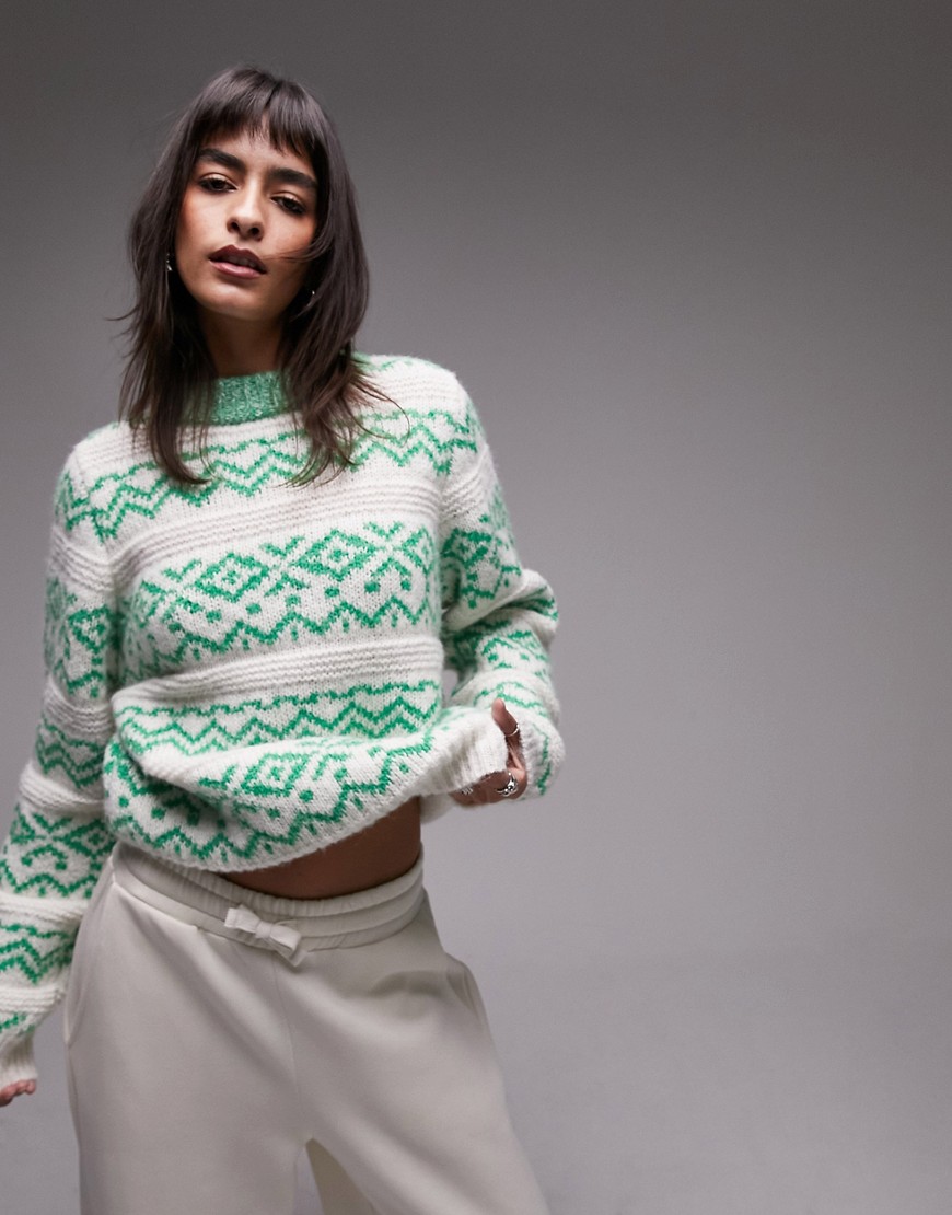 Topshop knitted fluffy zig zag fairlisle crew jumper in green