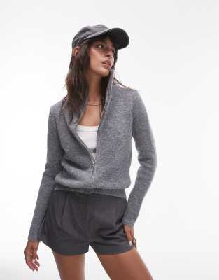 Topshop knitted fluffy zip through cardigan in grey