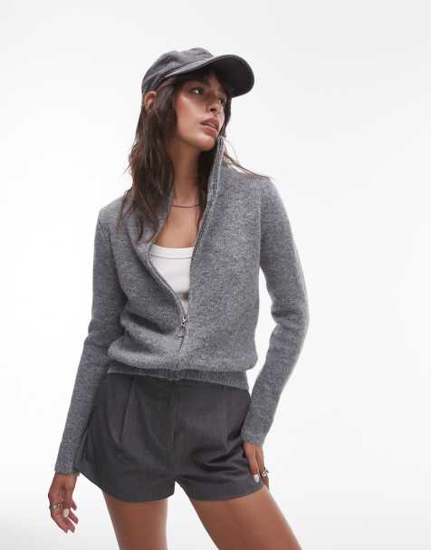 Topshop knitted fluffy zip through cardigan in grey - view 1