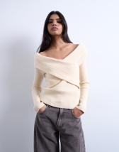 Topshop knitted foldover long sleeve top in ivory