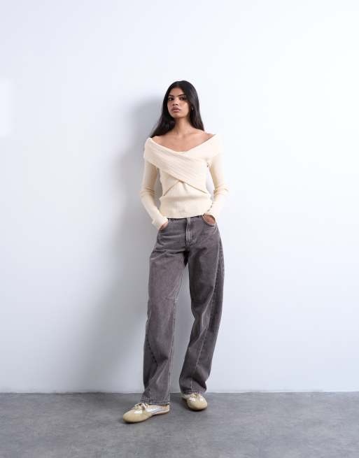 Topshop knitted foldover long sleeve top in ivory, 3 of 4