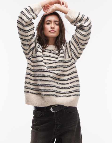 Topshop knitted forward seam stripe sweater in mono - view 1
