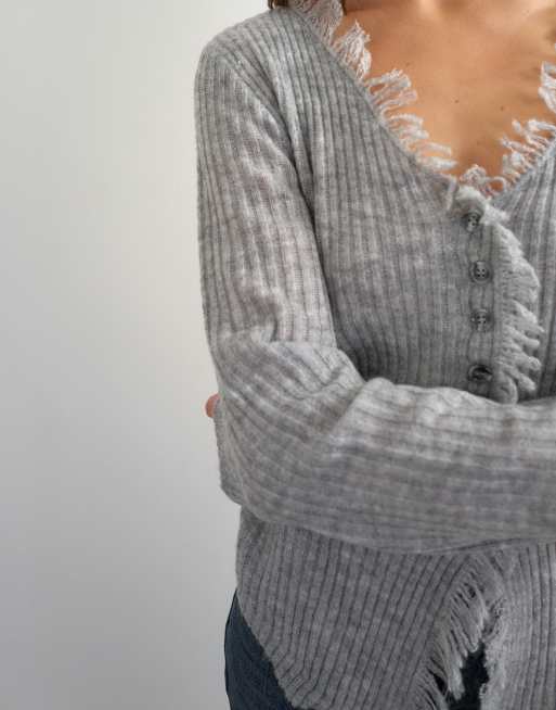 Topshop knitted frayed neckline cardigan in gray, 2 of 4