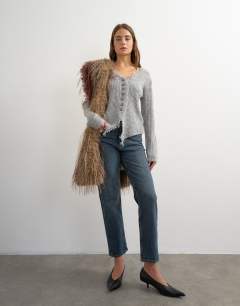 Model wearing Knitted frayed neckline cardigan in grey