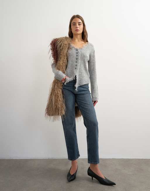 Topshop knitted frayed neckline cardigan in grey, 3 of 4