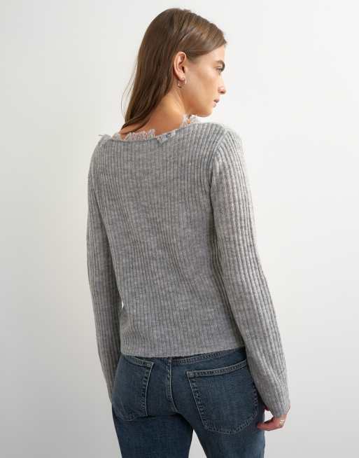 Topshop knitted frayed neckline cardigan in grey, 4 of 4