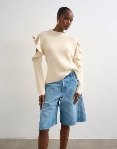 Knitted frill sleeve jumper in ivory