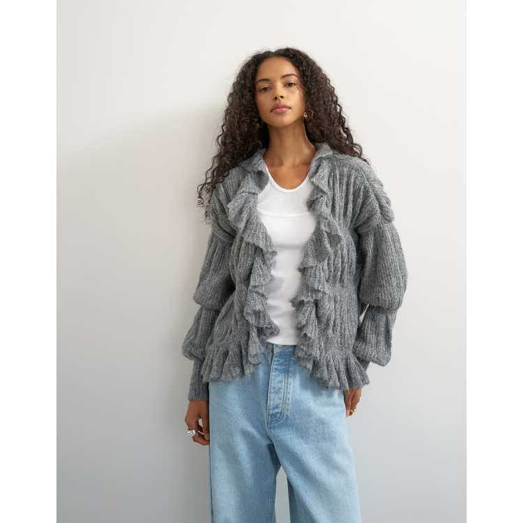 Topshop knitted frill trim hem cardigan with wool in grey | ASOS