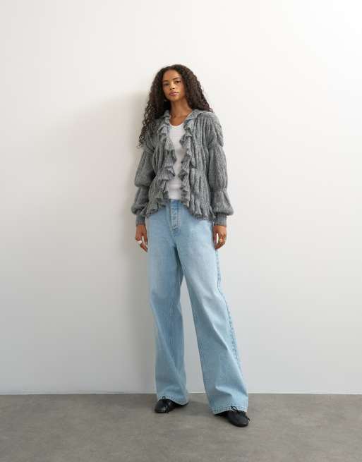 Topshop knitted frill trim hem cardigan with wool in grey, 2 of 4