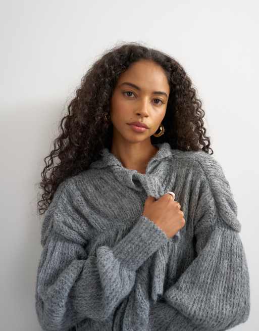 Topshop knitted frill trim hem cardigan with wool in grey, 3 of 4
