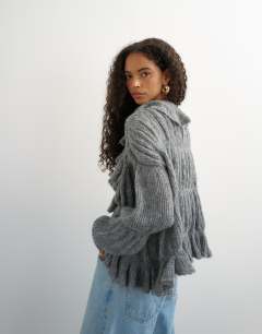 Model wearing Knitted frill trim hem cardigan with wool in grey