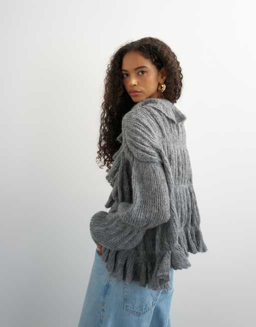 Topshop knitted frill trim hem cardigan with wool in grey | ASOS
