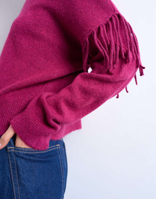 Topshop knitted fringe detail jumper in plum, 2 of 4