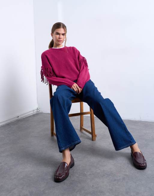 Topshop knitted fringe detail jumper in plum, 3 of 4