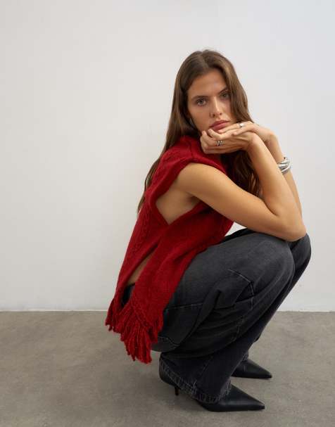 Topshop knitted fringe poncho in red - view 1