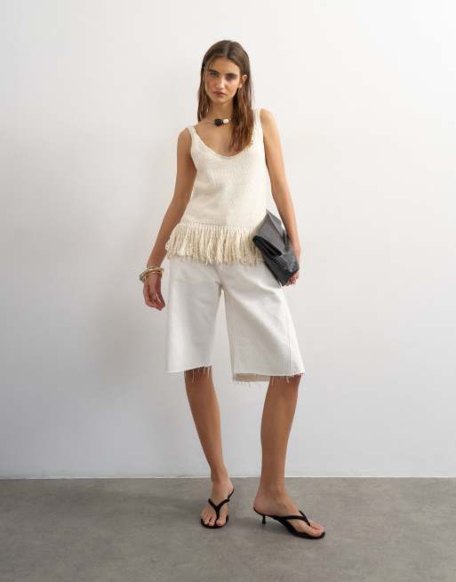 Topshop knitted fringe top in ecru, 2 of 4
