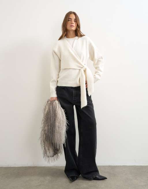 Topshop knitted front tie jumper with wool and alpaca in ivory, 4 of 4